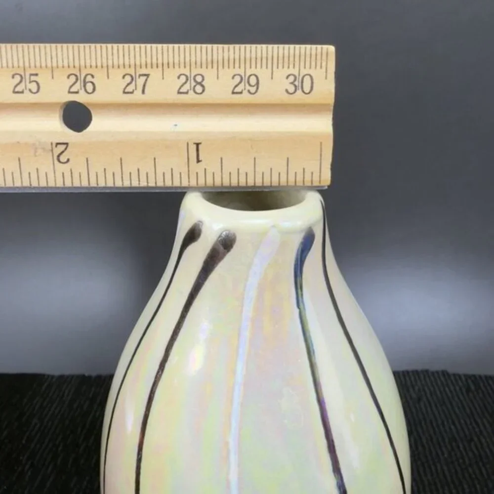 Vintage Ceramic Bud Vase With Yellow Shiny Iridescent‎ Finish Black White Lines